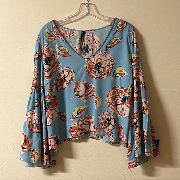 Anthropologie Plenty by Tracey Reese Blue Floral Bell Sleeve Top Boho Bohemian M - Picture 1 of 8
